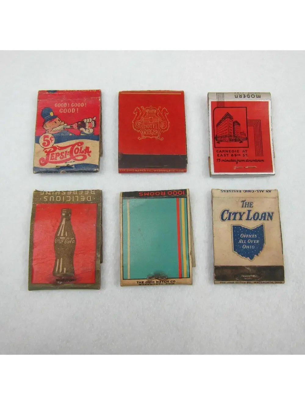 6 Vintage Matchbook Covers Pepsi Cola Double Dot Coca Cola Hotel Rieger Bolton